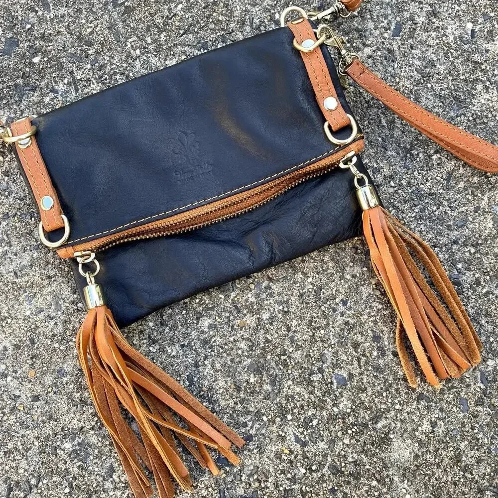 Vera Pelle Italian Leather Black Crossbody Tassel Clutch Bag